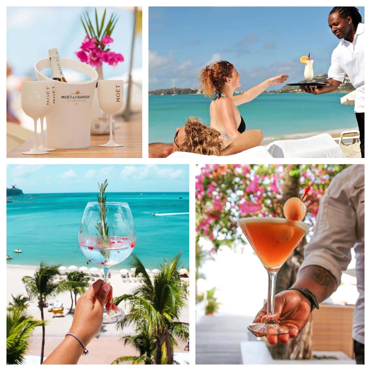 St. Maarten | St. Martin beach refreshments: Cocktails, Champagne on Ice, Moet Ice, Pina Colada, Daiguiri, Mojito. 