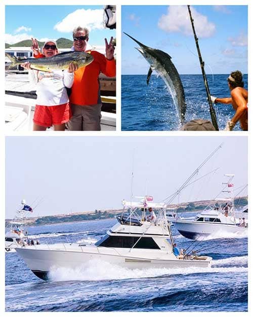 Deep-sea fishing charter with anglers on a boat, targeting reef and pelagic species off St. Maarten.
