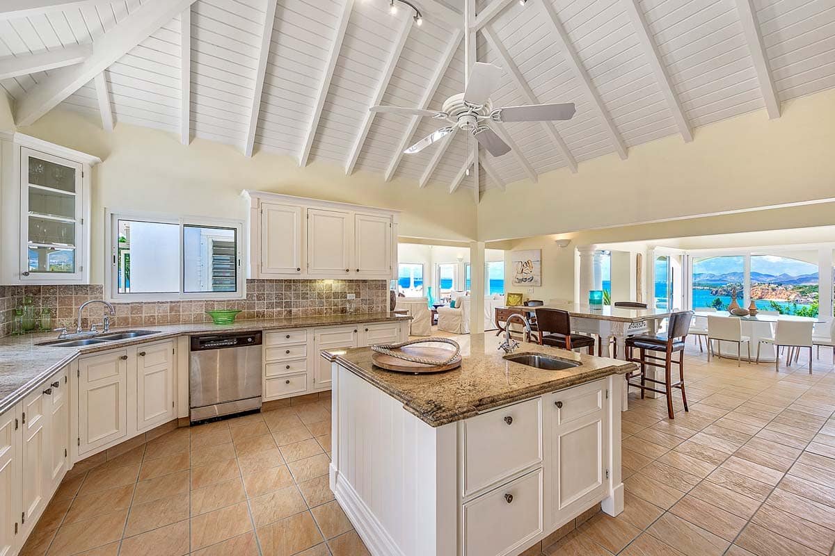 Villa Terrasse de Mer kitchen, Terres Basses, St. Martin – modern gourmet kitchen with ocean view