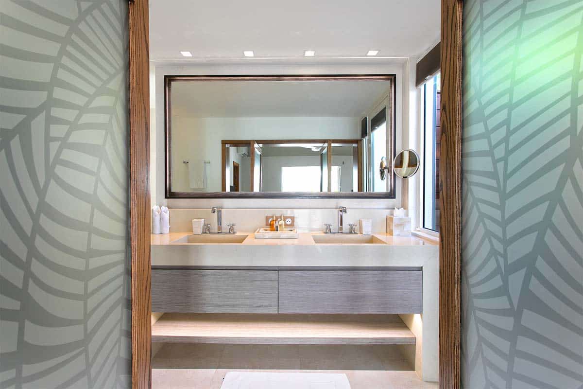 Villa Avanti Bathroom 4, Terres Basses, St. Martin – modern bathroom with double vanity and rain shower.