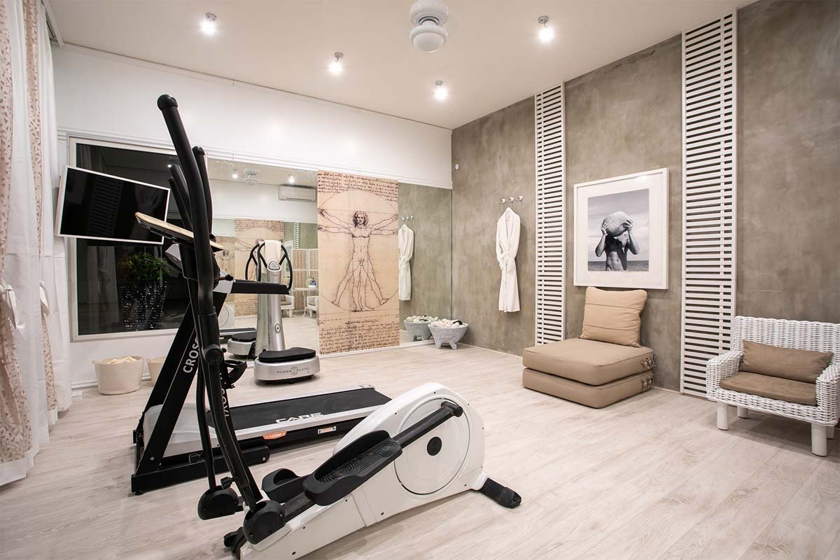 Fully equipped gym with ocean views at Villa L'Oasis, Terres Basses, St. Martin.