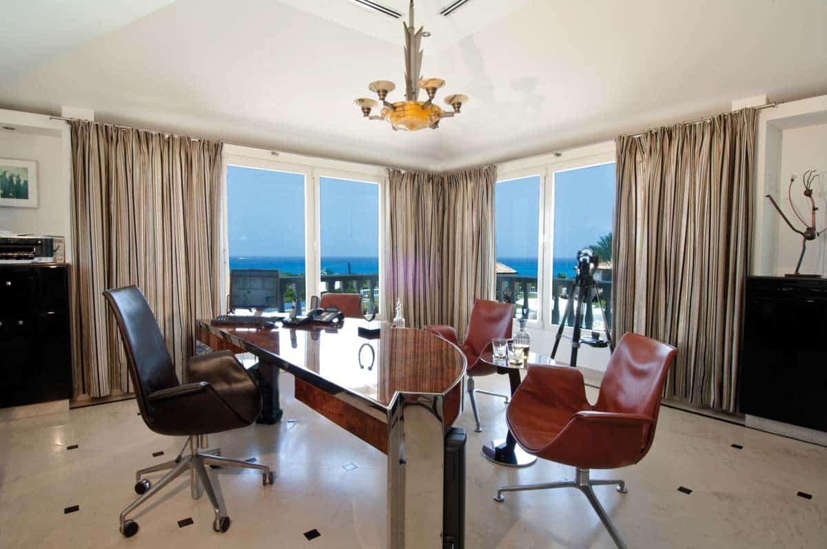 Art Deco-style private office with desk and ocean view at Villa Sandyline, Terres Basses, St. Martin