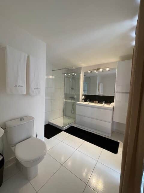 Modern bathroom in Studio Friends at Paloma, Santa Ana—featuring a walk-in shower, sleek fixtures, and contemporary design