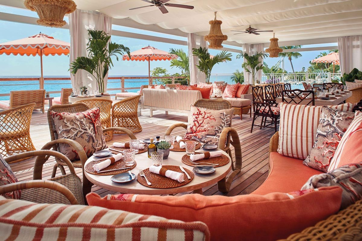 Upscale open-air beach restaurant terrace with ocean view, Belmond La Samanna, St. Maarten