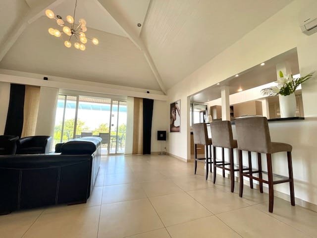 Sleek kitchen bar with granite countertops and modern appliances at Villa Paloma, Orient Bay, St. Martin.