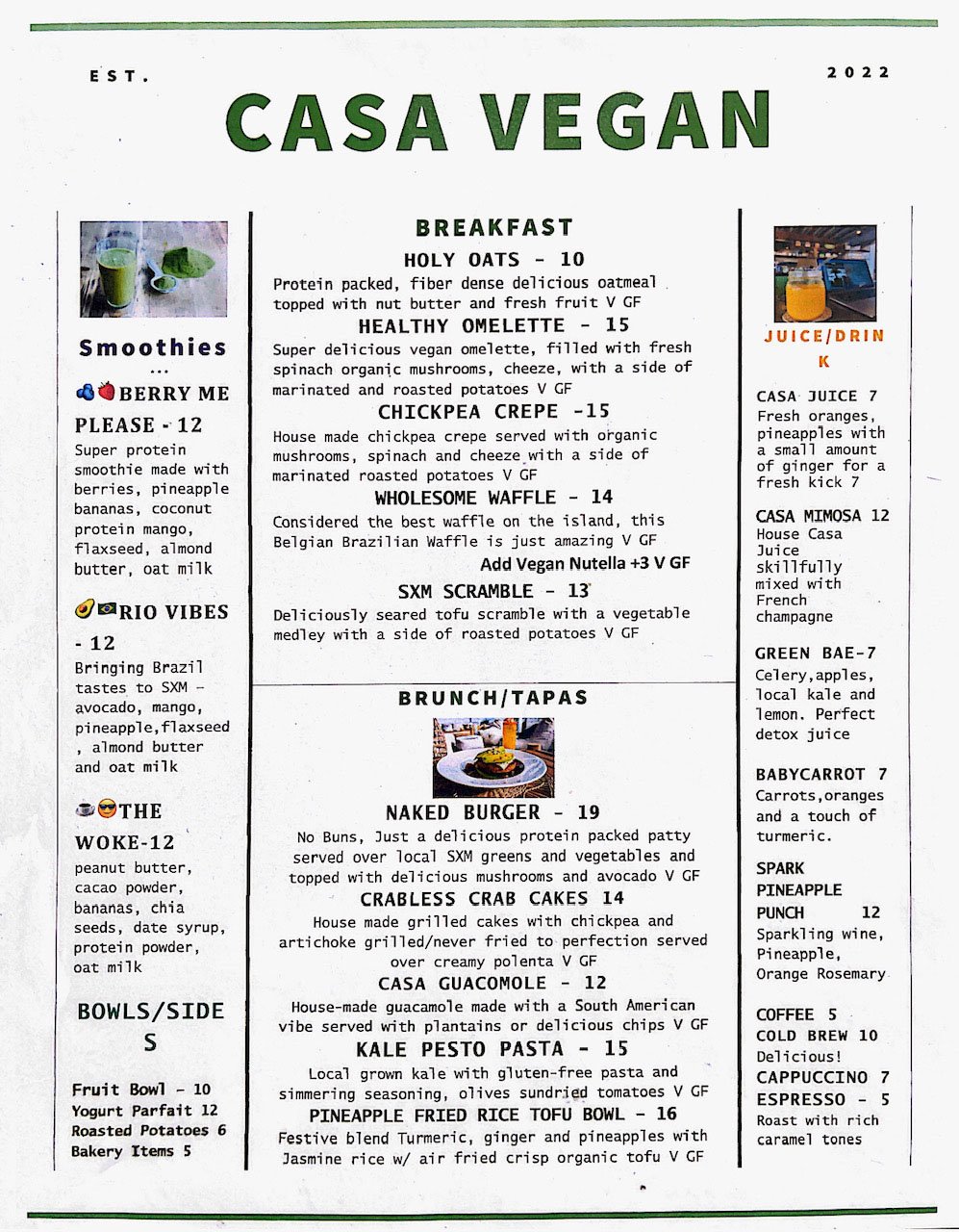 Casa Vegan Menu – May 2022 Casa Vegan menu featuring plant-based dishes, gluten-free options, and fresh ingredients in St. Martin.