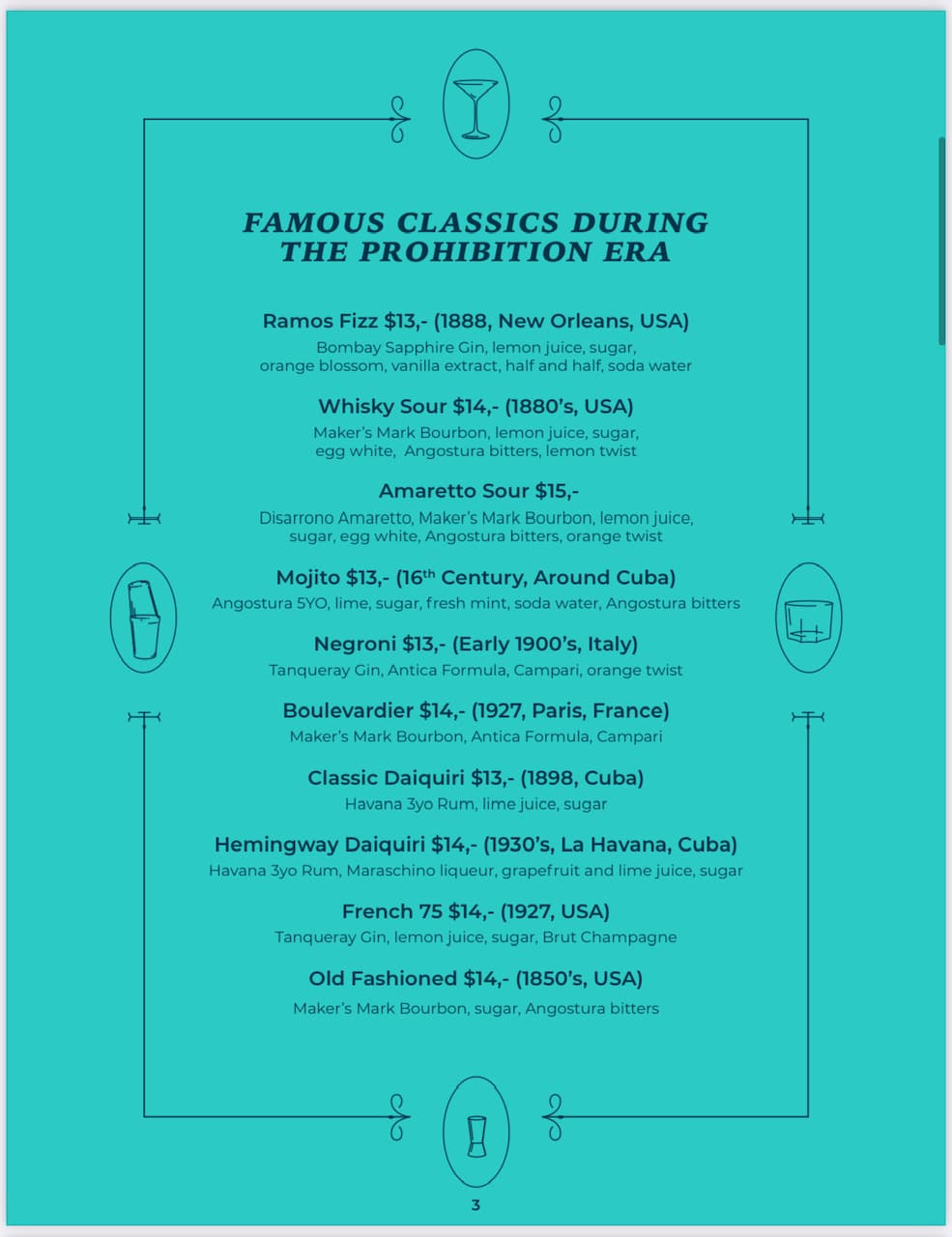 Kingsman cocktail menu featuring Prohibition-era classics in Simpson Bay, St. Maarten