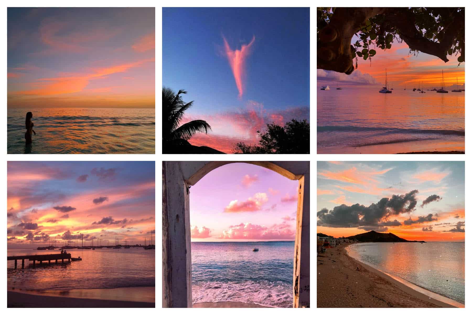 Soft pink hues illuminate the sky over the Caribbean Sea just after sunset in Sint Maarten