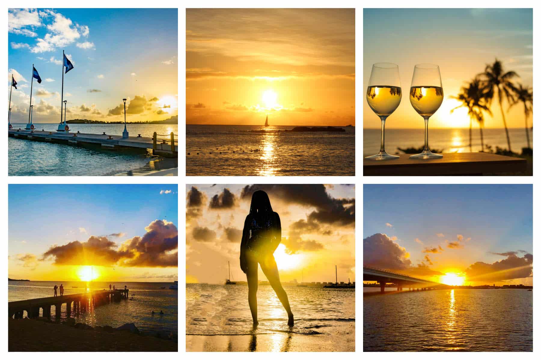 Golden hues illuminate the sky over the Caribbean Sea as the sun sets in St. Martin.