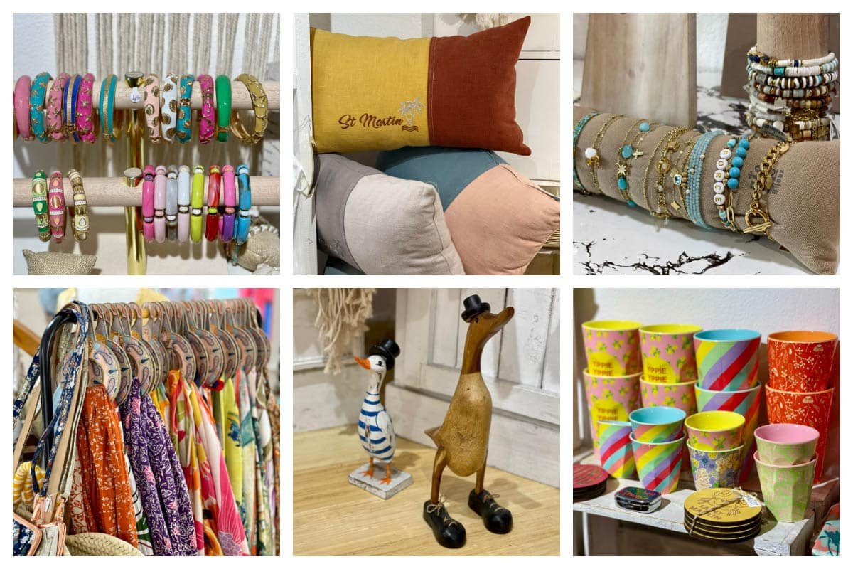 Voila boutique in Grand Case, St. Martin, showcasing custom jewelry, bracelets, and home decor