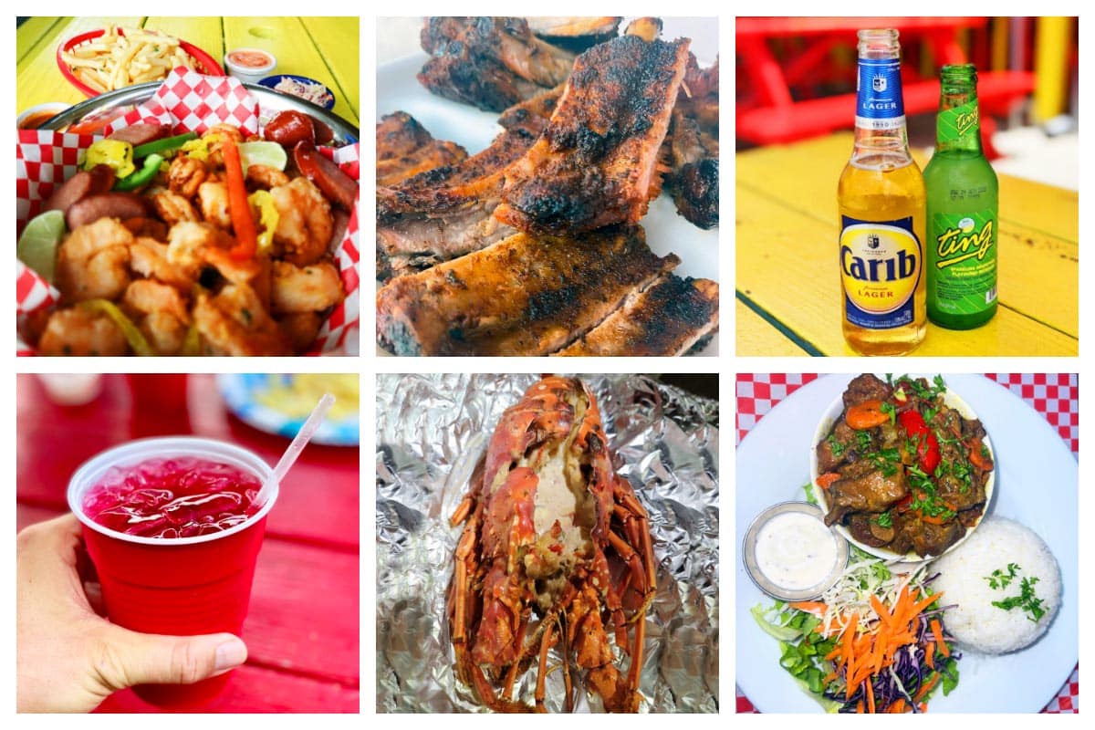 Local Food and Drinks - Hibiscus Drink, Ting, Carib Beer, Stew, BBQ Lobster, Ribs, Shrimp Creole