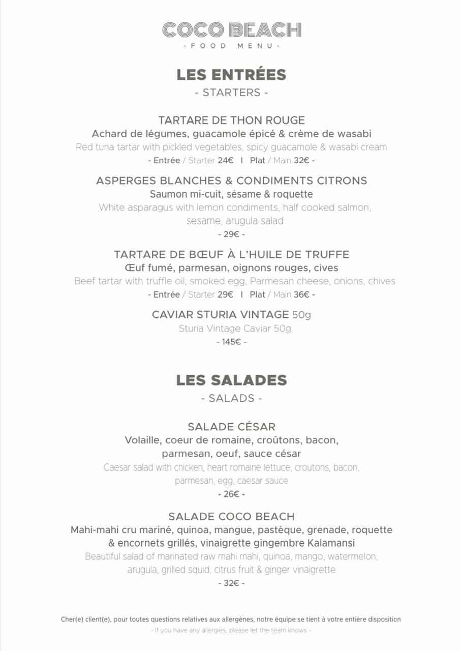 Starters and Salads at Coco Beach - Menu 2023