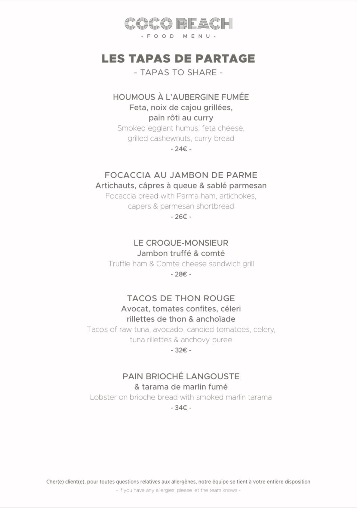 Tapas to Share at Coco Beach - Menu 2023