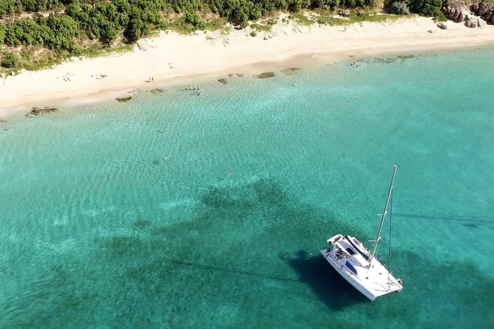 Seaduction L47 catamaran anchored on a sandy beach near Philipsburg, St. Martin