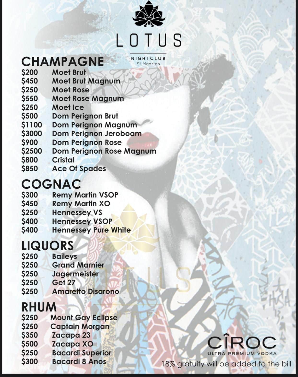 Lotus VIP Bottle Menu 2023: Champagne, Cognac, Rum, Liquor