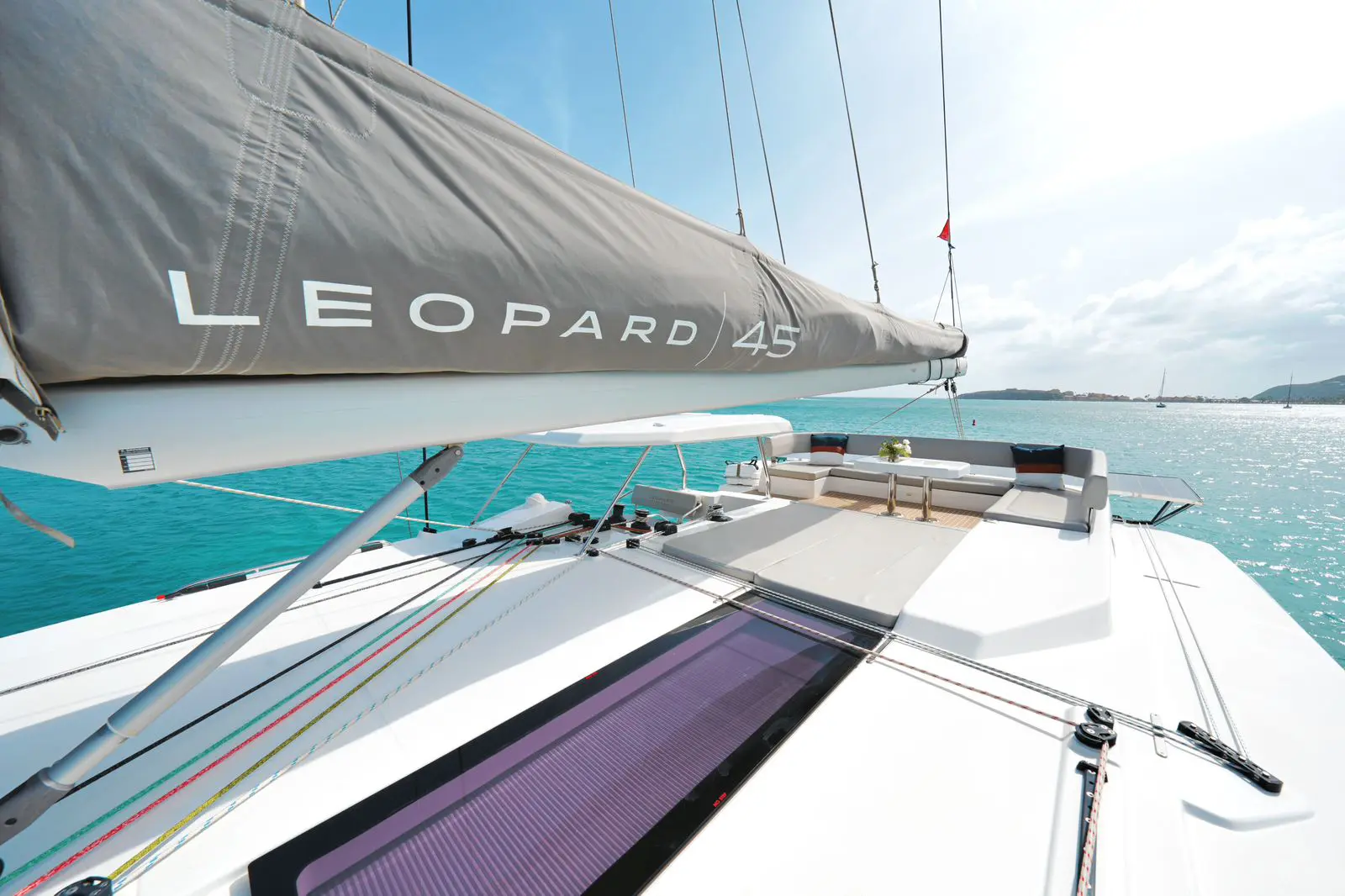 Don’t Worry Leopard 45 sail catamaran flybridge deck view, St. Maarten