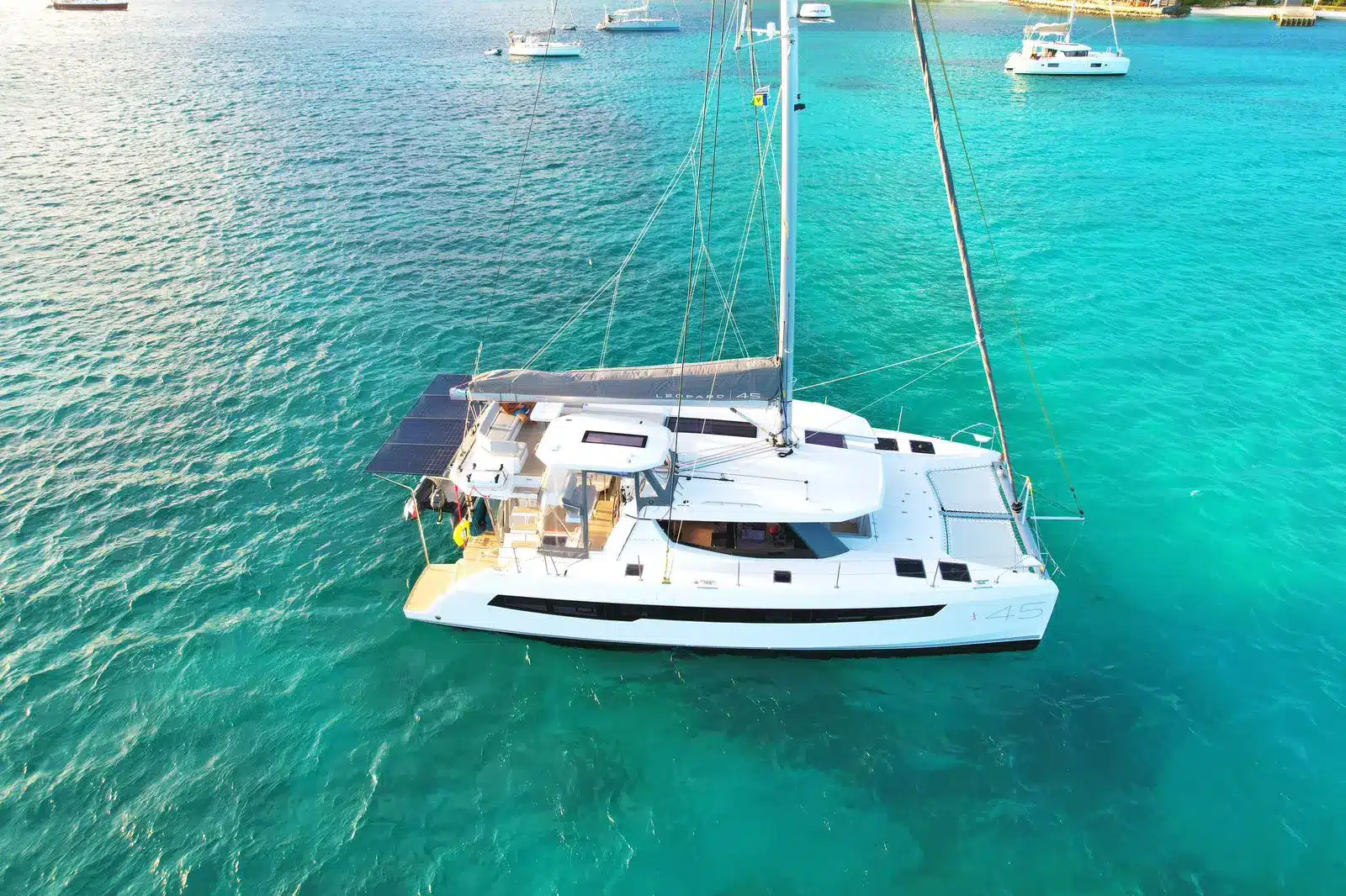 Don’t Worry Leopard 45 sail catamaran underway off St. Maarten coastline