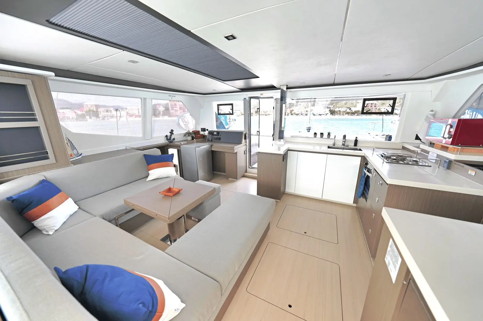 Don’t Worry Leopard 45 sail catamaran saloon & kitchen aboard yacht in St. Maarten