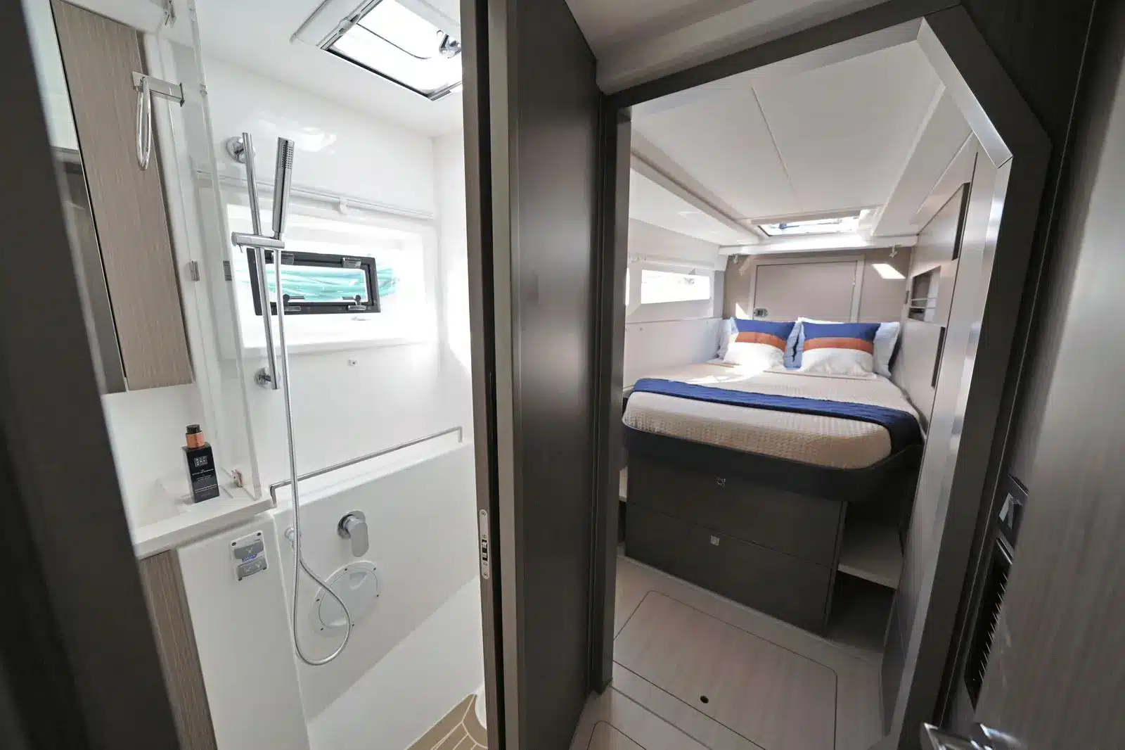 Don’t Worry Leopard 45 cabin 2 interior, queen bed, St. Maarten yacht charter