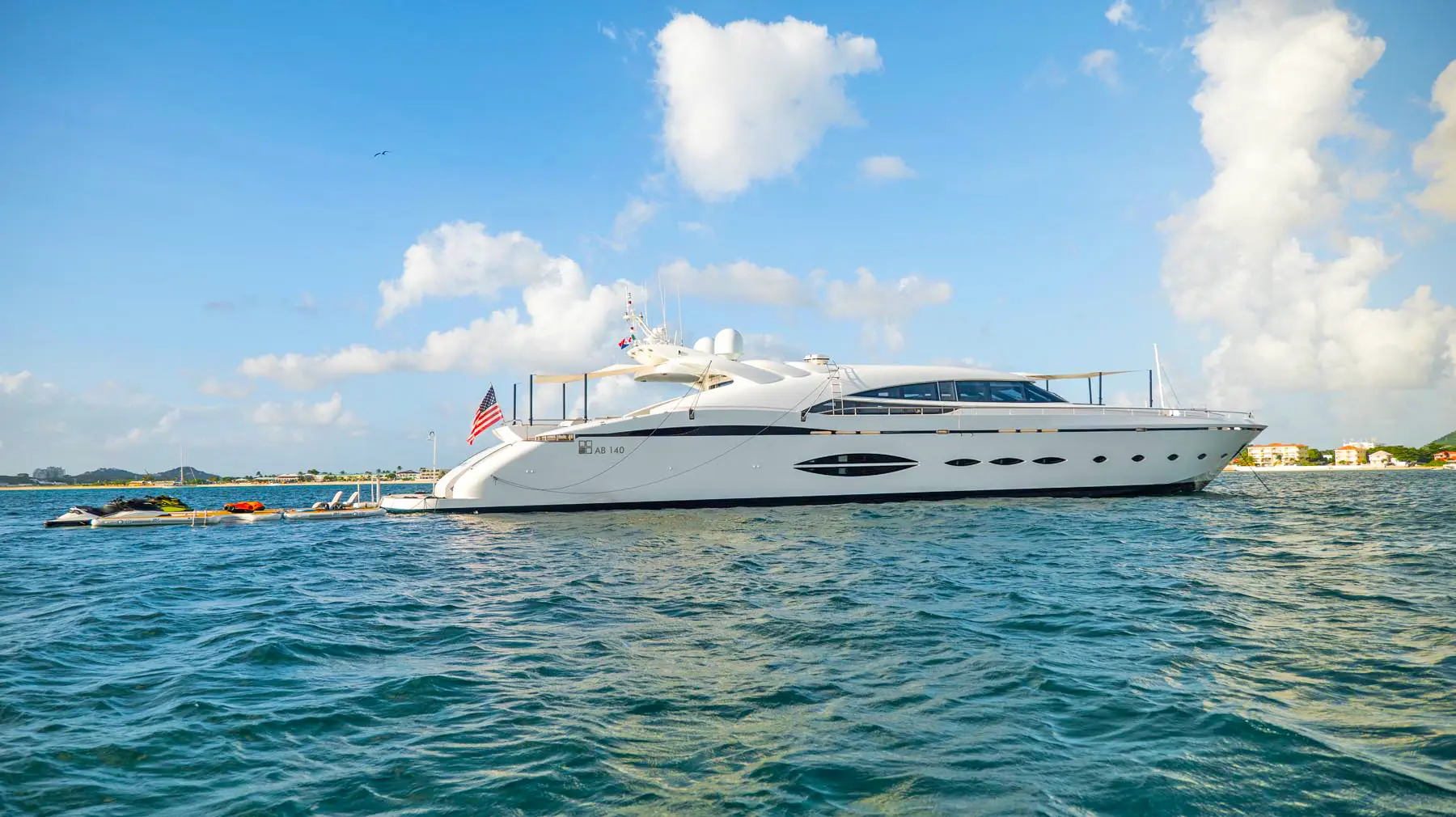 Mega-yacht BlueDevil deck with swim platform & water toys in St. Maarten