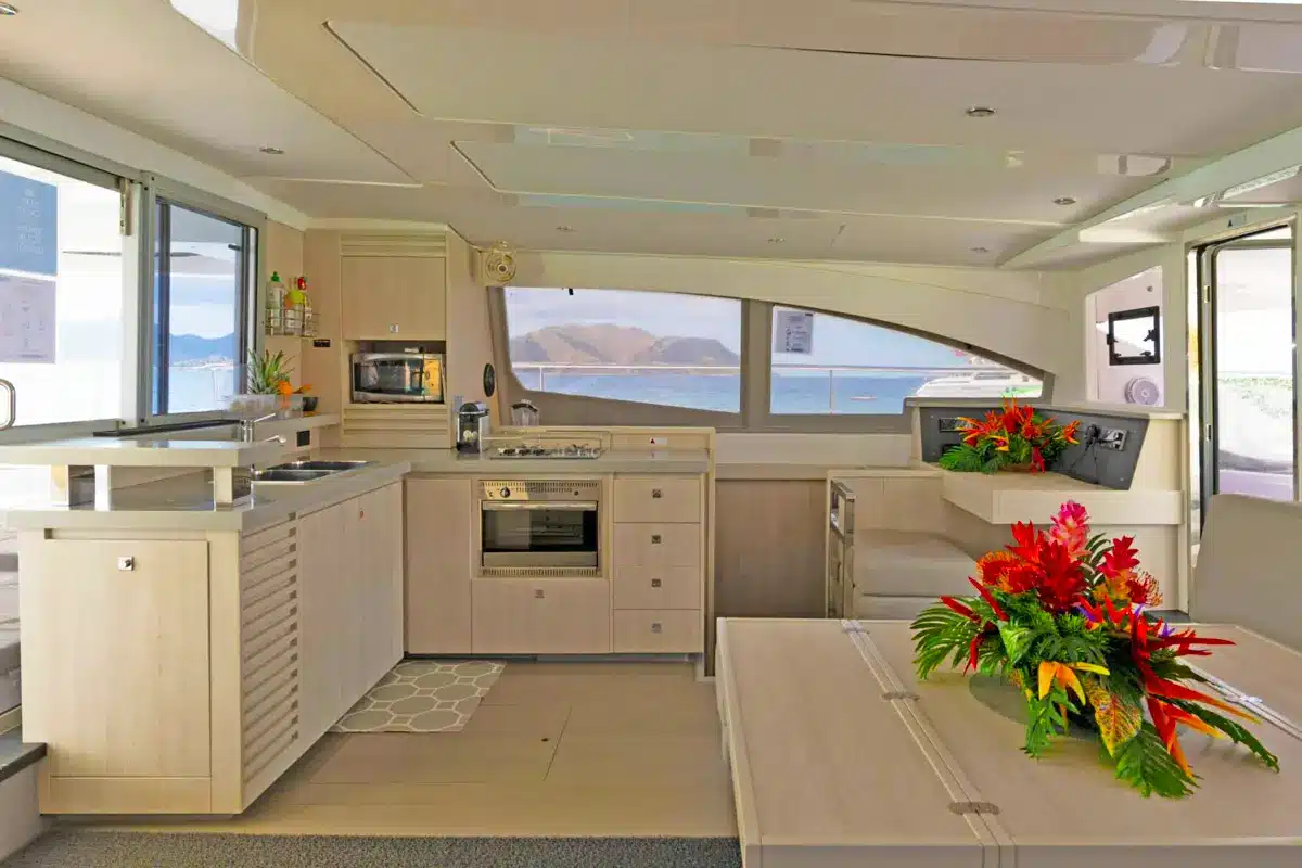 Vogue 51ft catamaran front seating area with sunbeds in St. Maarten
