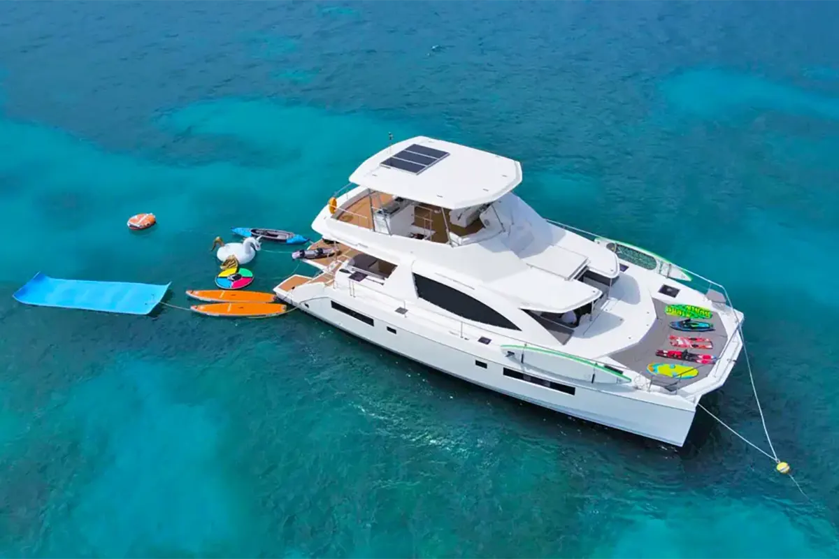 Vogue 51ft Leopard Power Catamaran front seating deck with sunpads and lounge area, offering panoramic views in St. Martin