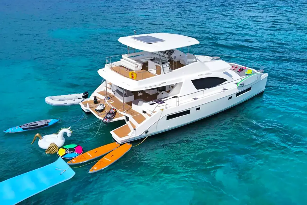 Vogue 51ft Leopard Power Catamaran front seating deck with sunpads and lounge area, offering panoramic views in St. Martin