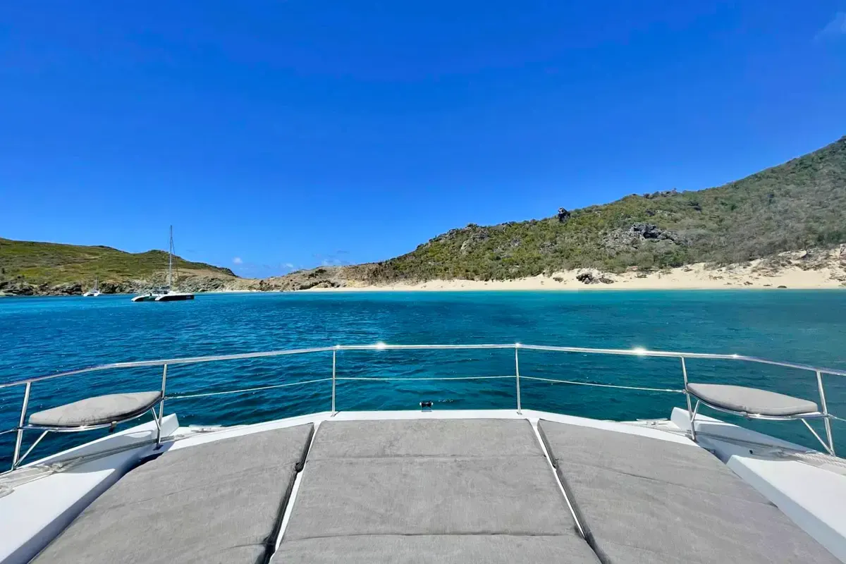 Vogue 51ft Leopard Power Catamaran front seating deck with sunpads and lounge area, offering panoramic views in St. Martin