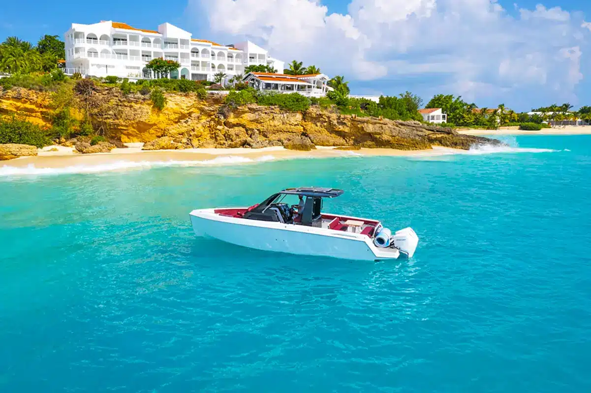 Schaefer V33 yacht anchored off Anguilla's coast, offering luxury day charters with snorkeling and beach access