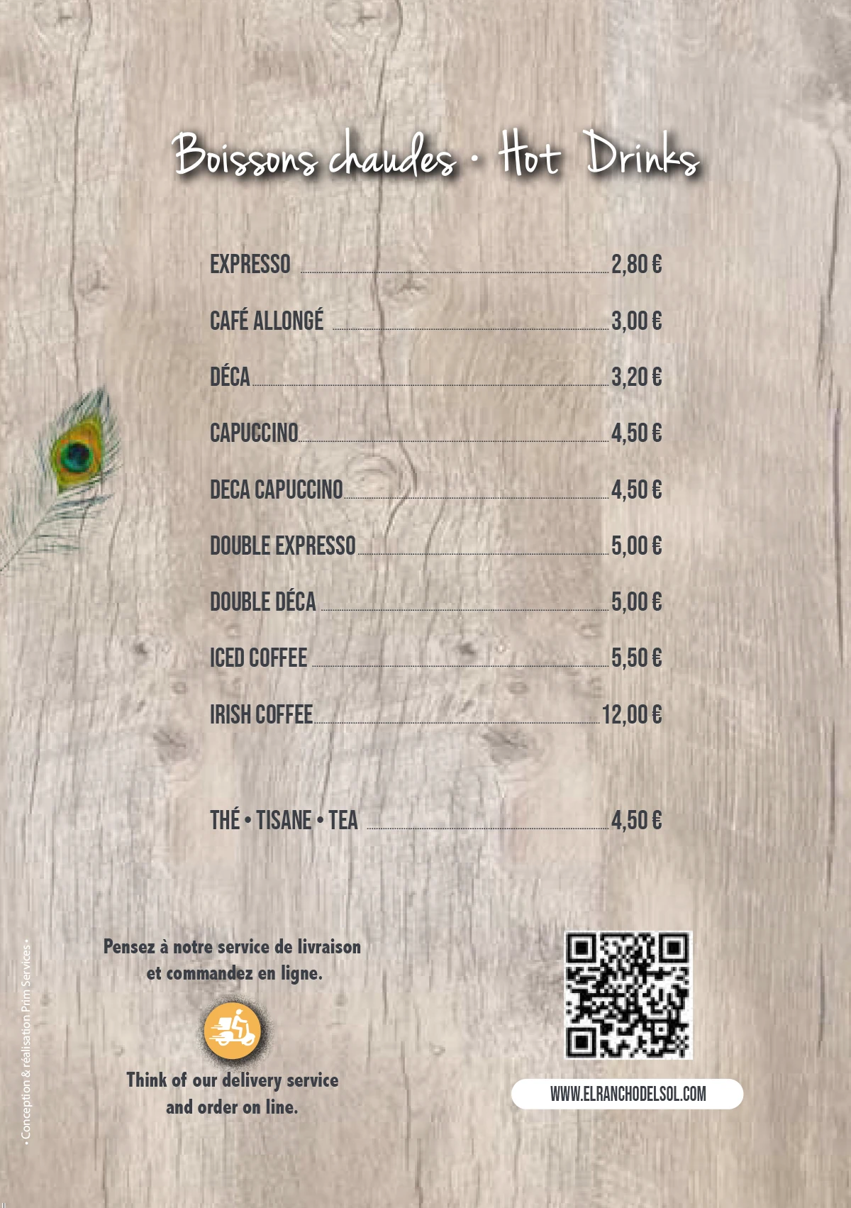 Menu board at Rancho del Sol, hot drinks like coffee, cappuccino, tea, Irish coffee, St. Martin