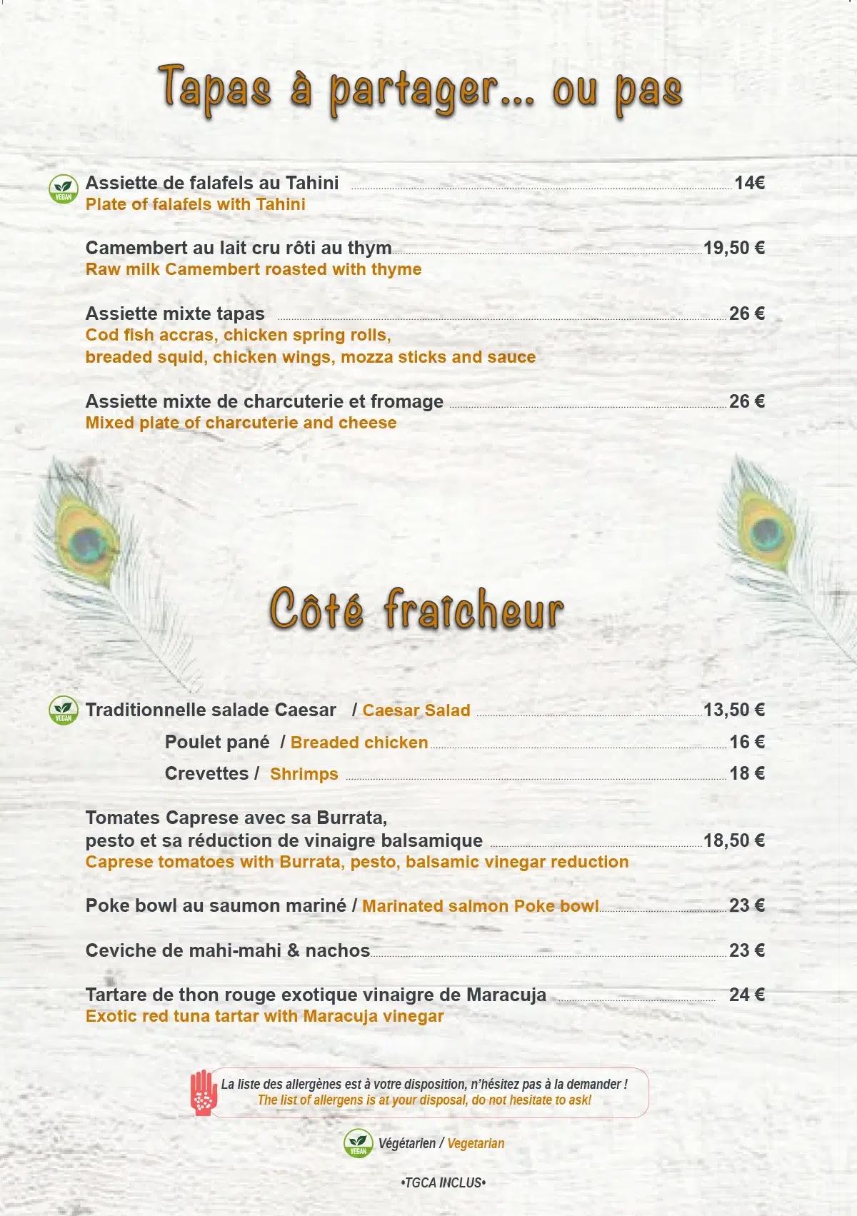 Rancho del Sol St. Martin menu boards showing tapas and fresh salads.