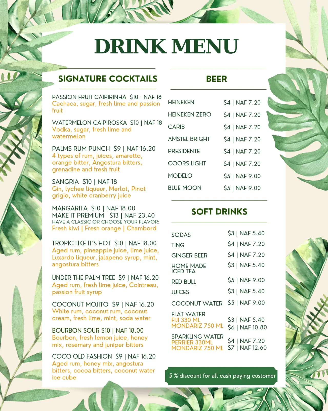 The Palms Restaurant 2024 drinks menu featuring tropical cocktails, island beers, and refreshing beverages.