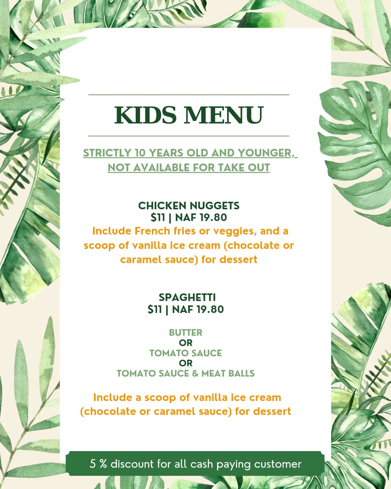 The Palms Restaurant 2024 kids menu featuring child-friendly dishes like chicken tenders, fries, and pasta.