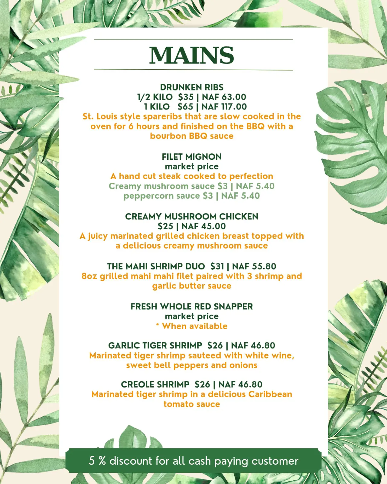 The Palms Restaurant 2024 main menu featuring Caribbean-inspired meat and fish dishes such as jerk chicken, ribs, and fresh seafood.