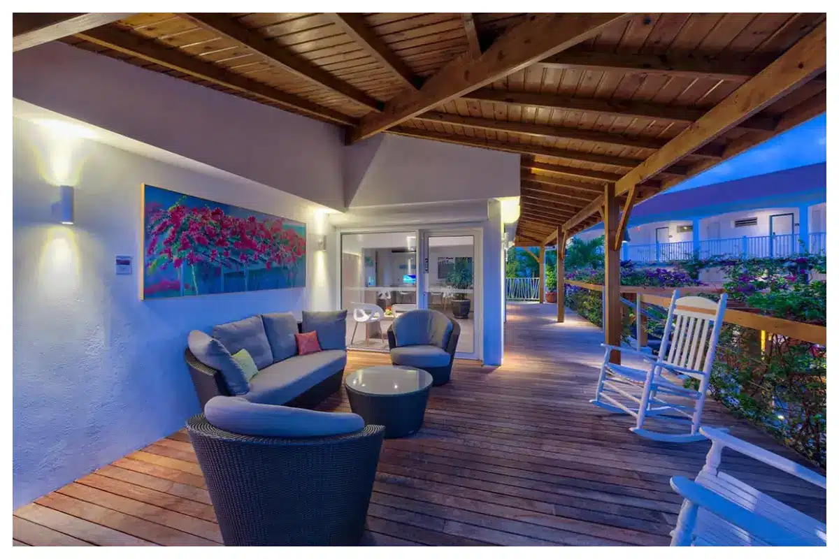 Aerial view of Grand Case Beach Club in St. Martin, showing turquoise sea and beachfront resort.