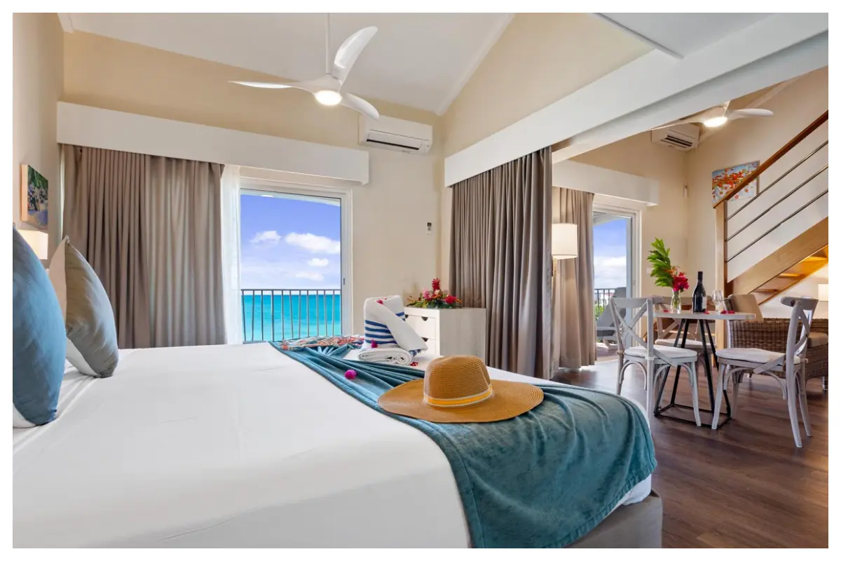 Spacious one-bedroom apartment at Grand Case Beach Club with ocean view balcony, modern décor in St. Martin