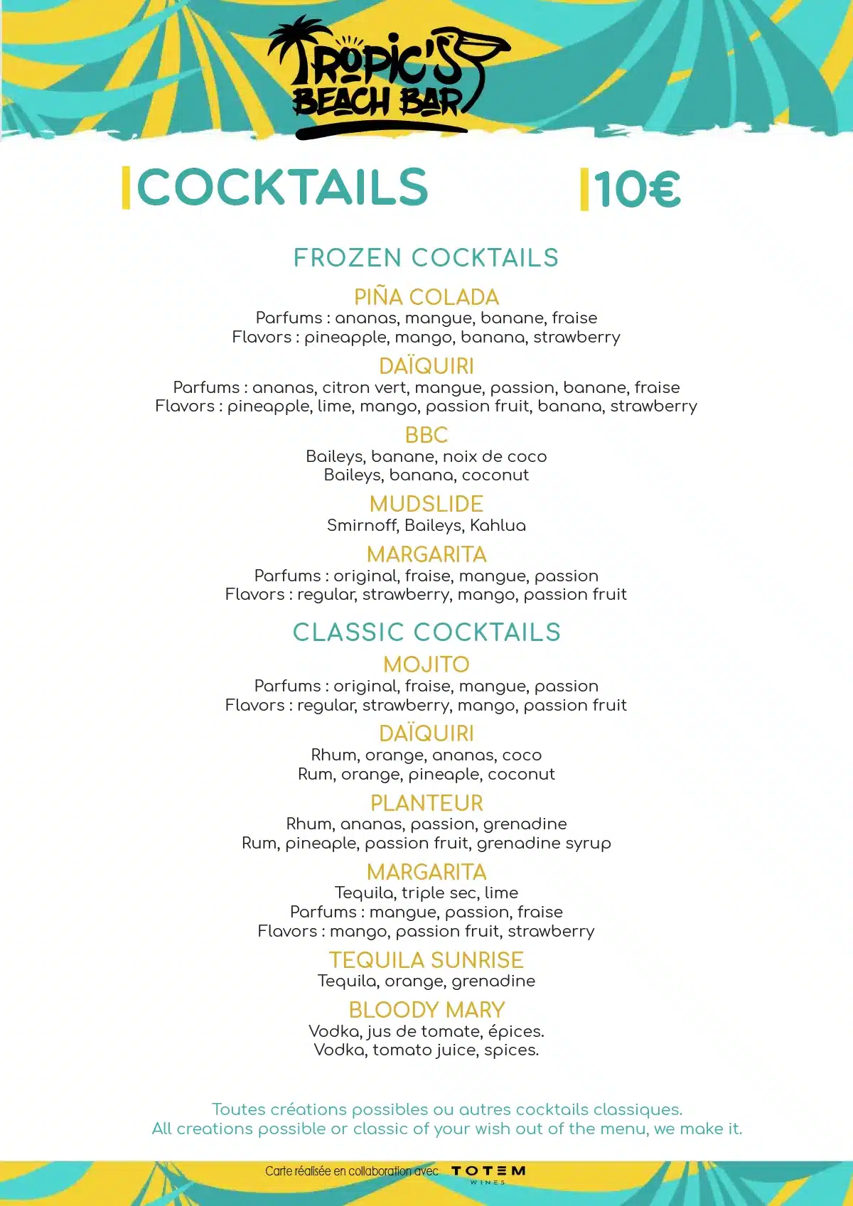 Tropics Beach Bar 2024 drink menu featuring a selection of frozen and classic cocktails, including piña colada, margarita, mojito, and daiquiri