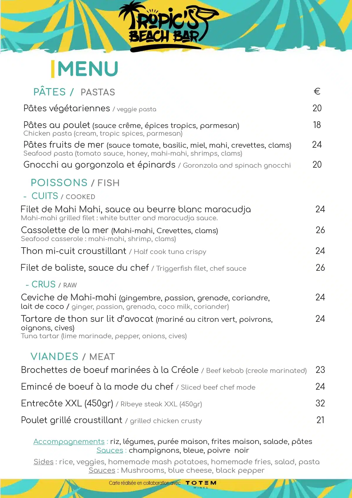 Tropics Beach Bar 2024 menu showcasing a variety of pastas, fresh fish dishes, ceviche, tartare, and meat options