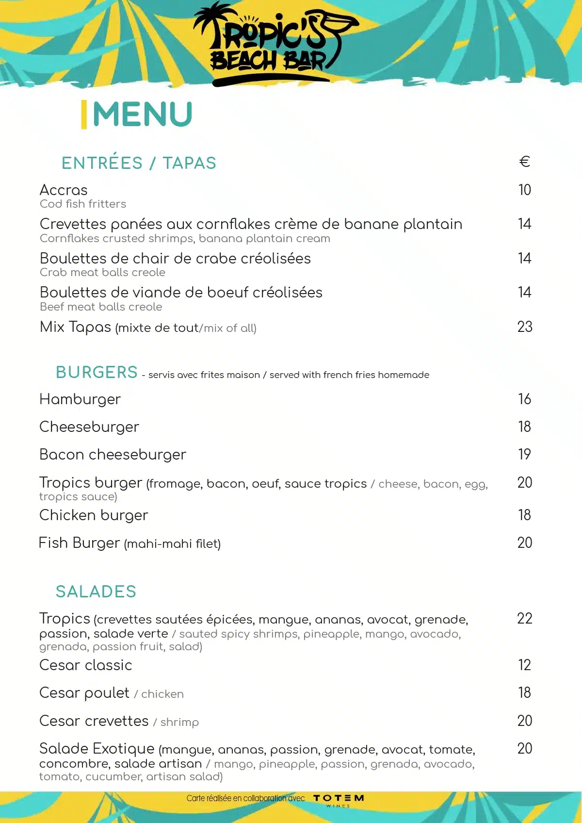 Tropics Beach Bar 2024 menu showcasing a variety of tapas, entrées, burgers, and salads