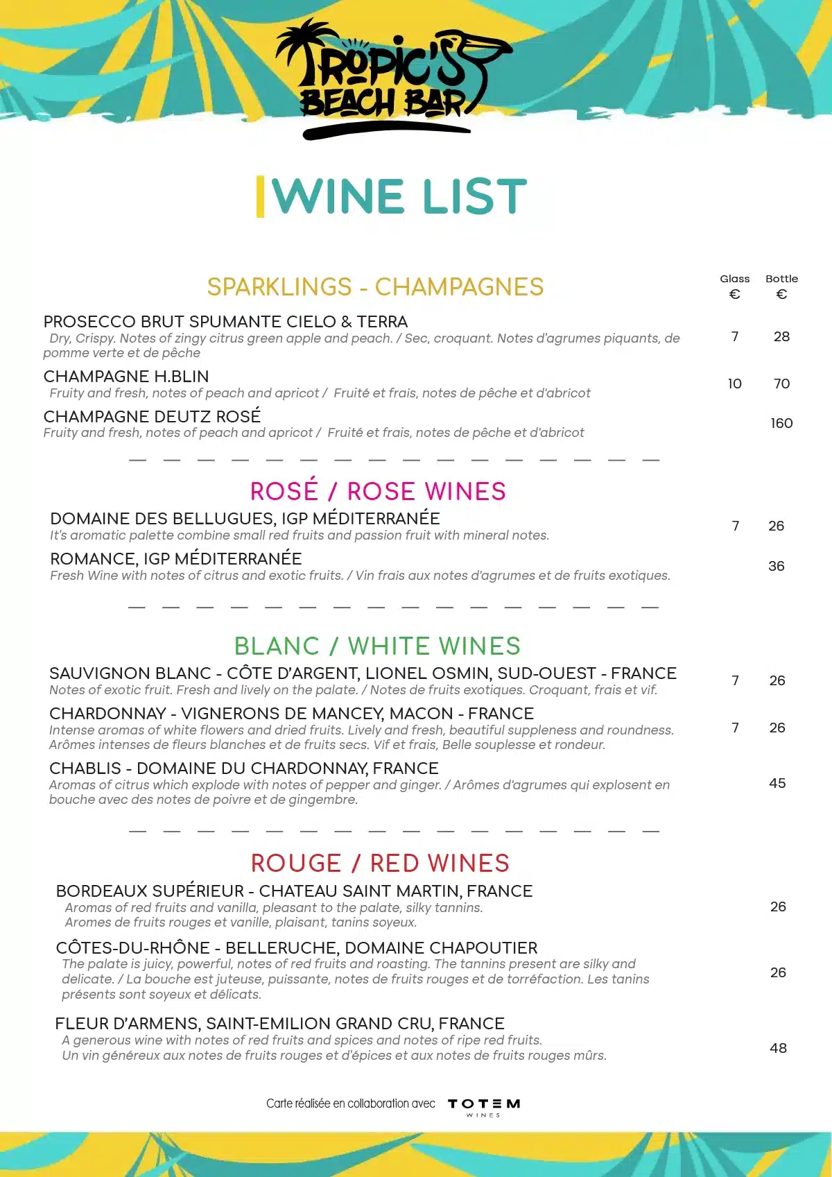 Tropics Wine Menu 2024 featuring a selection of sparkling wines, Champagne, rosé, white, and red wines.