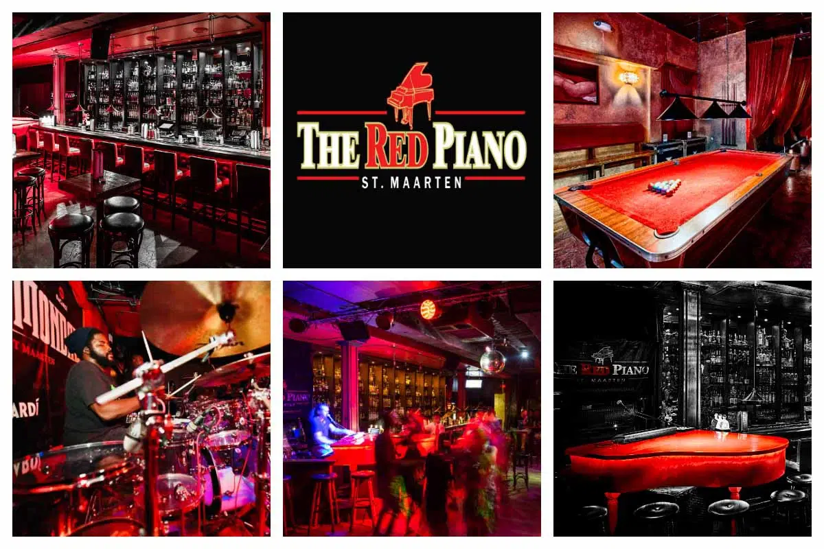 The Red Piano in Pelican Key, Sint Maarten—vibrant live music venue with nightly piano shows and 'Church on Monday' party