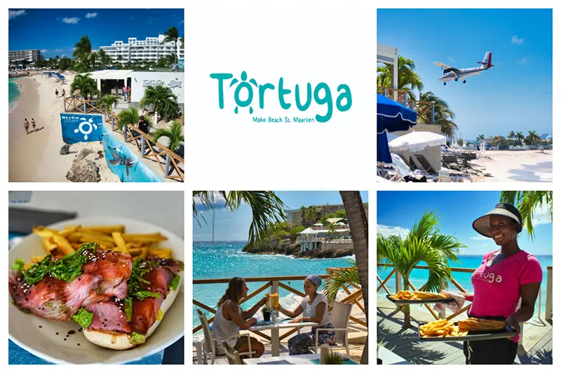 Tortuga Beach Bar & Restaurant at Maho Beach, Sint Maarten—oceanfront dining with sunset views and planespotting