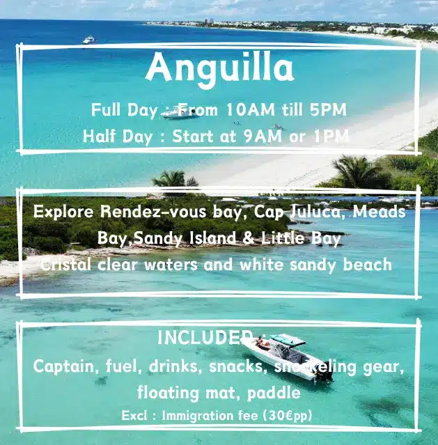 Group enjoying a private day charter aboard HEREMOANA, a Scarab 32 Sport boat, exploring the pristine beaches and turquoise waters of Anguilla.