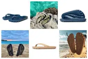 GUDO UNFLIPPABLES® flip-flops in six vibrant colors: Pirate Black, Night Platinum, Seaweed Green, Fire Red, Navy Blue, and Beach Nude
