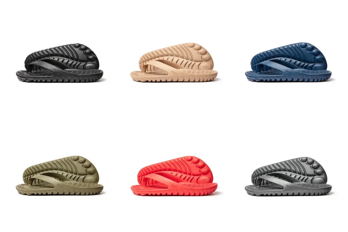 GUDO UNFLIPPABLES® flip-flops in six vibrant colors: Pirate Black, Night Platinum, Seaweed Green, Fire Red, Navy Blue, and Beach Nude.