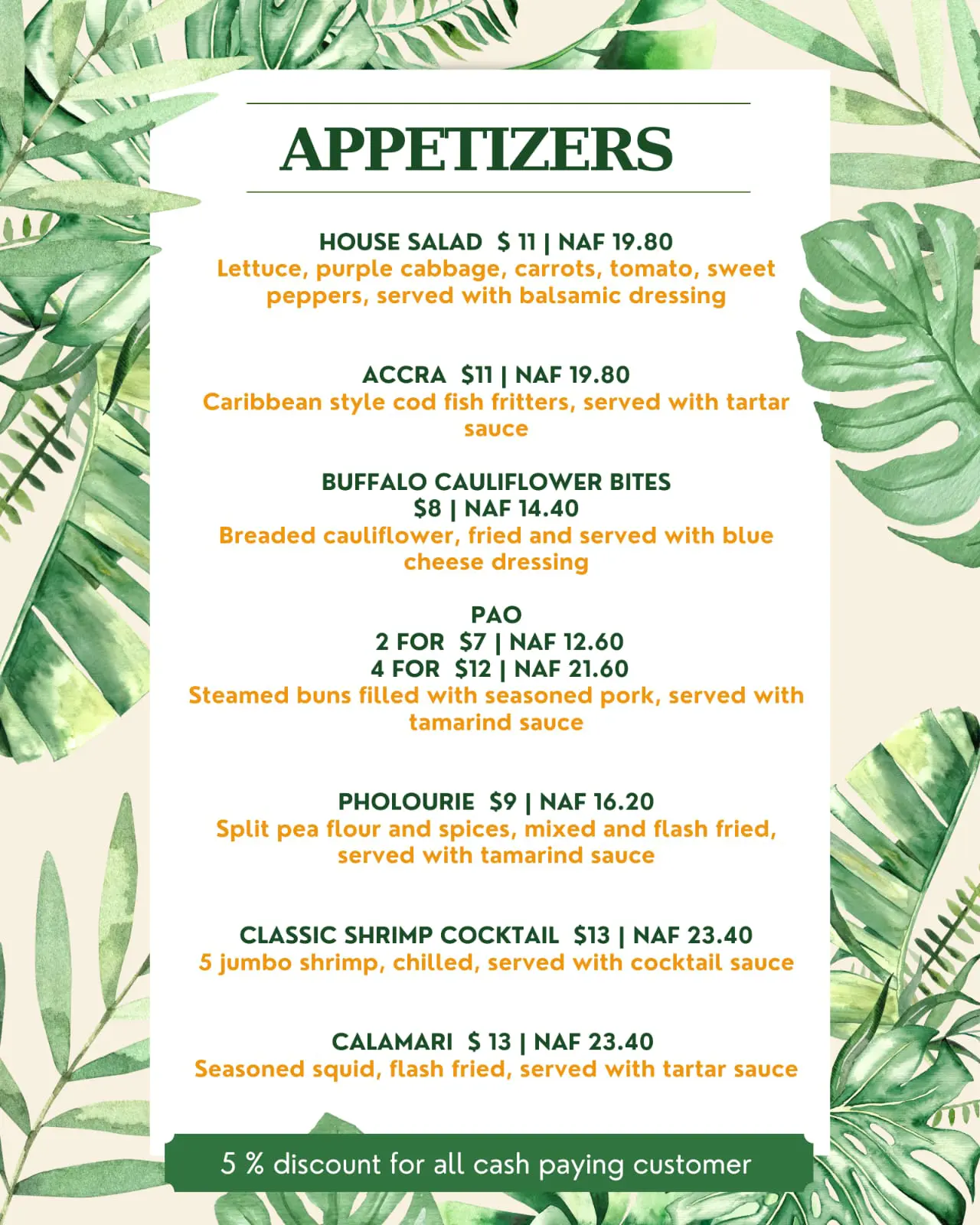 The Palms restaurant appetizers section menu featuring starters in Sint Maarten