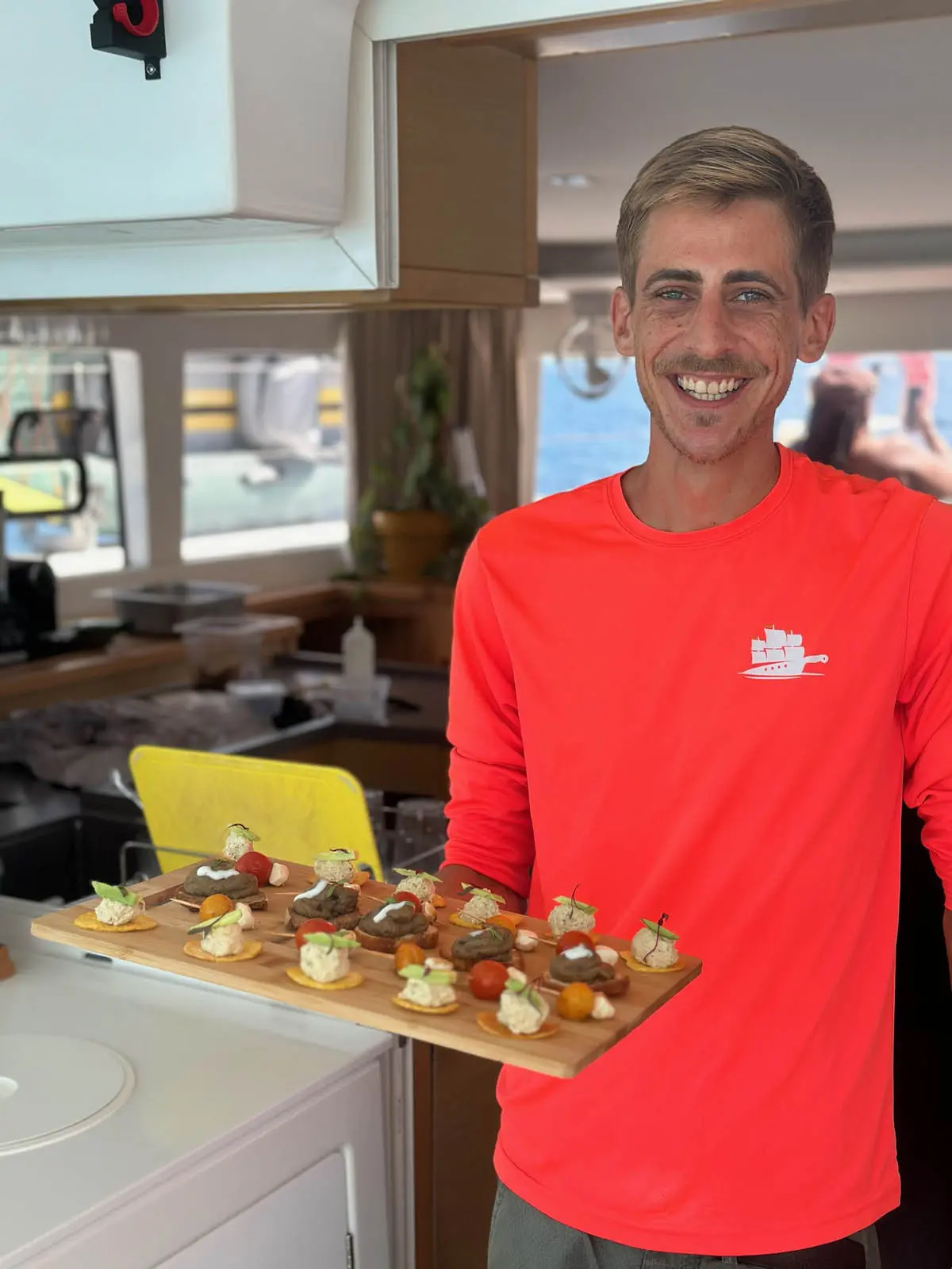 Appetizers served by professional crew aboard a luxury yacht in St. Maarten.