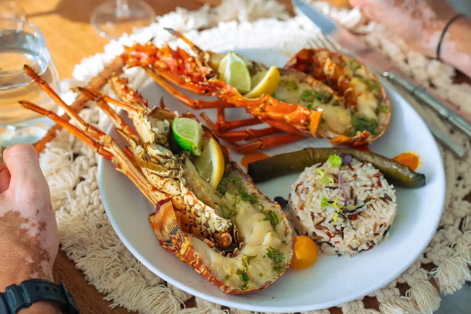 Gourmet lobster lunch served aboard Ever Glorious catamaran anchored off St. Maarten