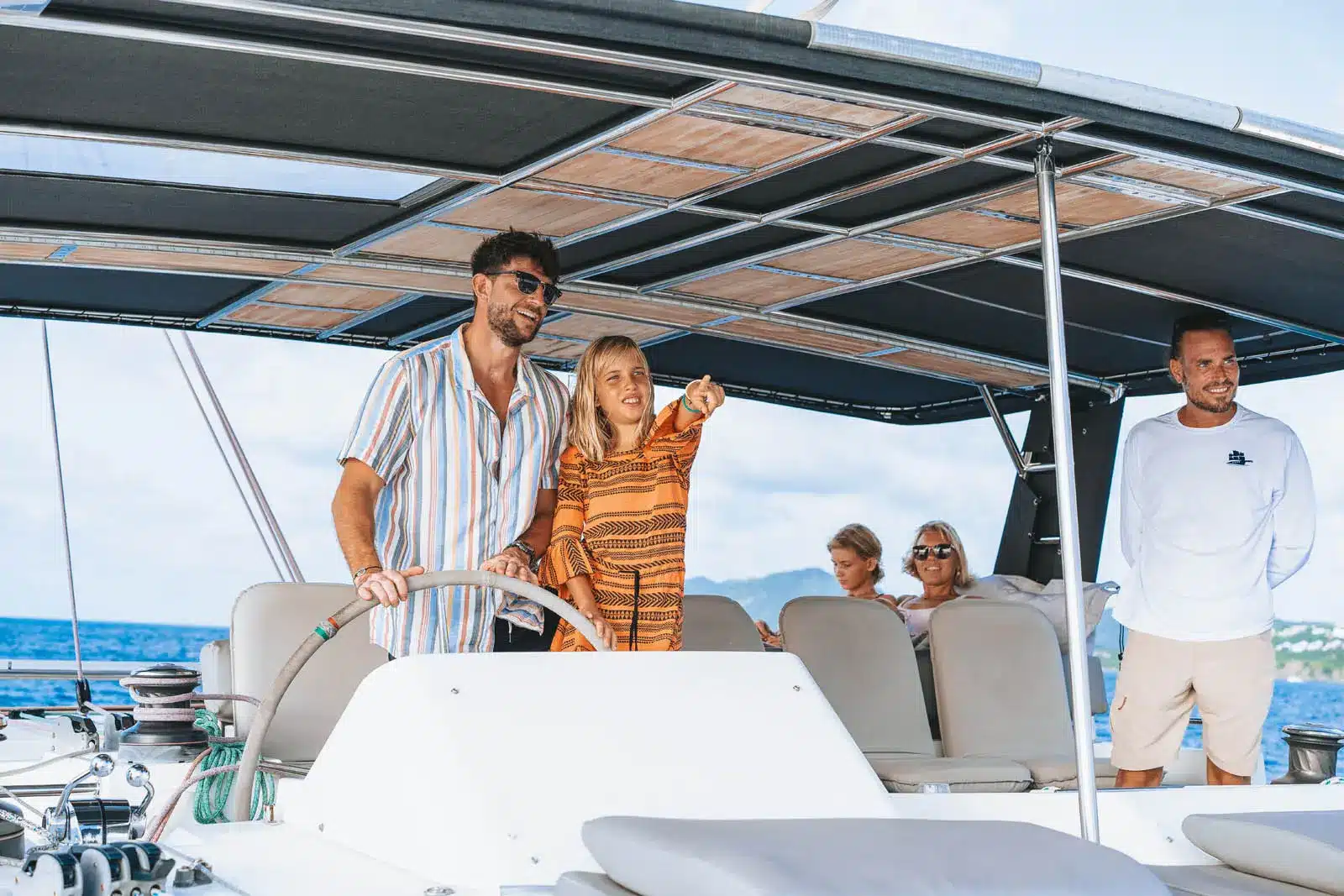 Close-up bow deck seating aboard Amari Lagoon 450S near St. Maarten beach