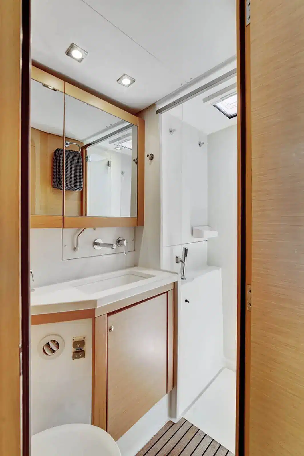 Luxurious bathroom aboard Ever Glorious catamaran near St. Maarten shoreline